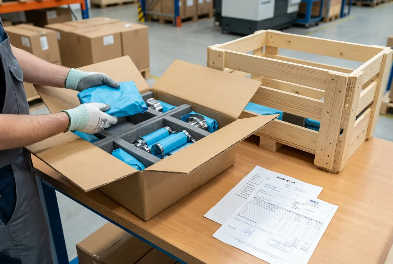 Export packing showing VCI wrapped machined parts in carton boxes and fabricated assemblies in wooden crates